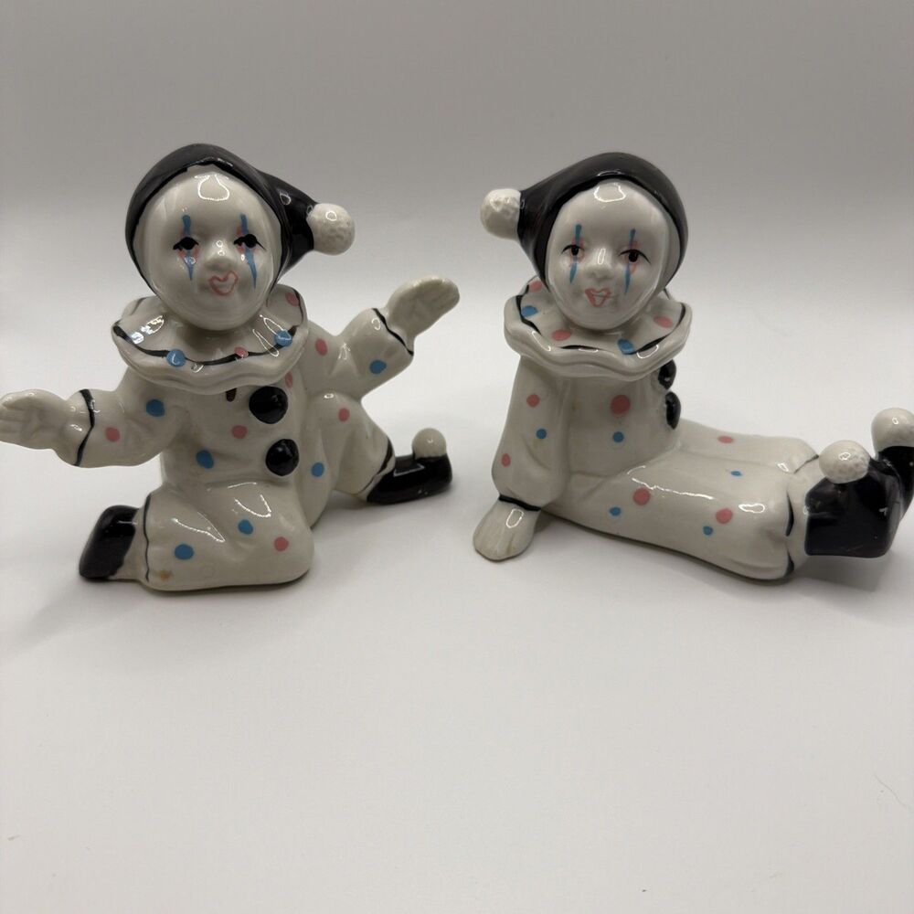Vintage Unique Clown Figurine Jester Mime Black White Set Of 2